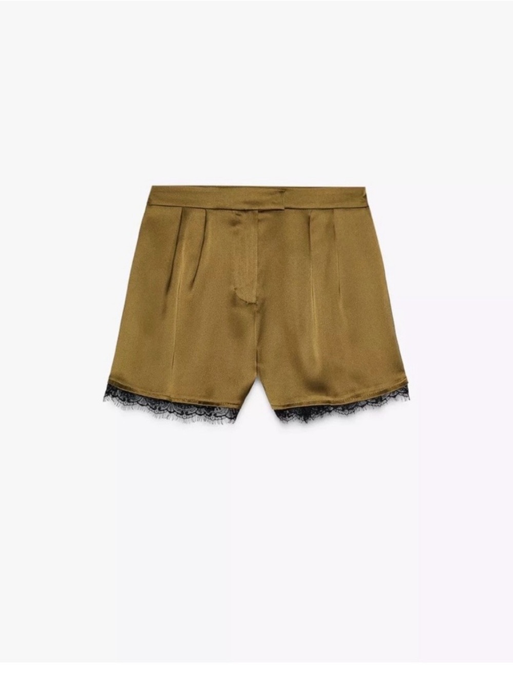 Zara Satin Olive Green Shorts with Black Lace Trim XS NWT